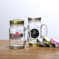 Customized Logo Square Glass Mason jars with handle and colored screw tin lid