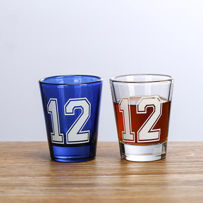 1.5oz Sprayed bule color glass with logo printing , high white material shot glasses SG002