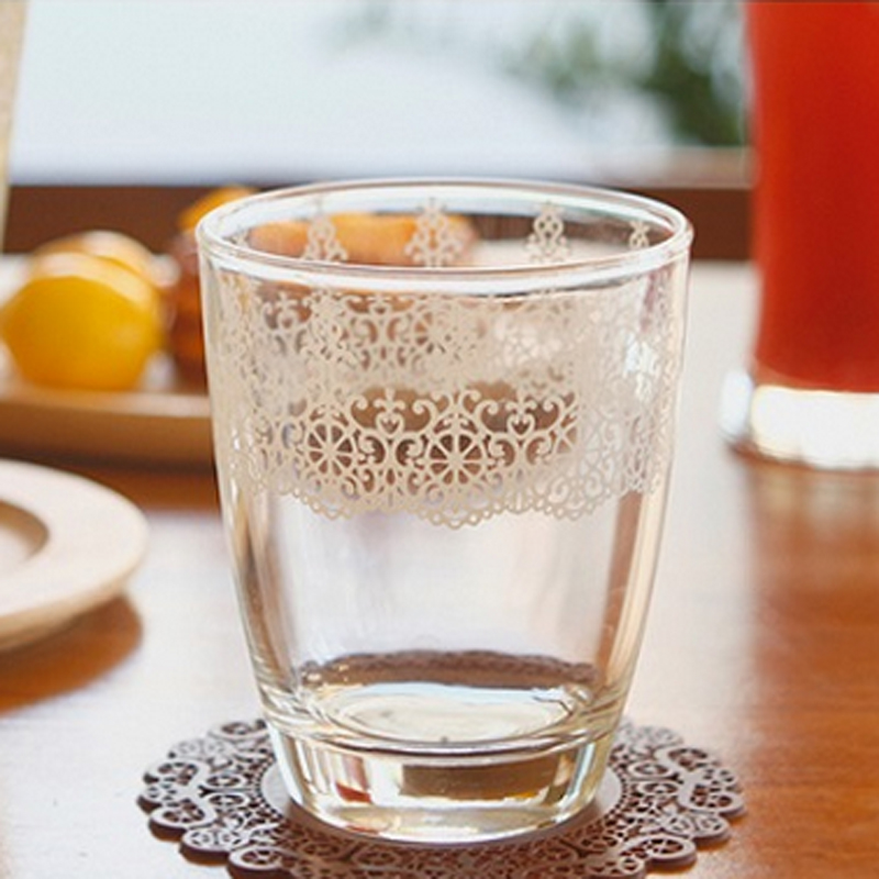 Attractive lace printed 250ml glass cup, exquisite drinking glassware on sale