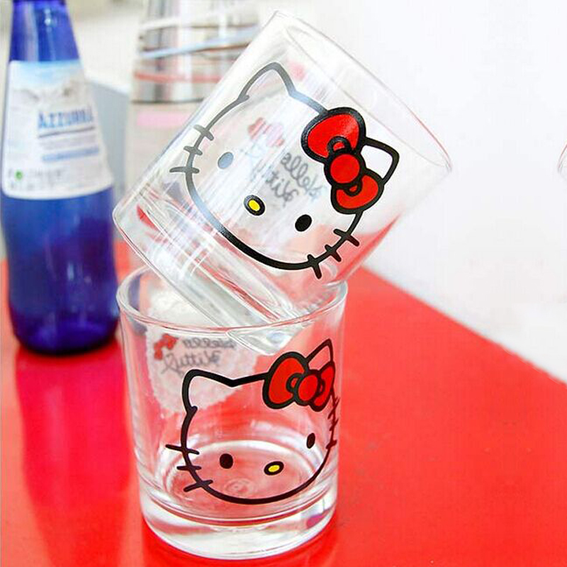 Hello Kitty Printed Clear Glass Coffee Mug Cup for Beverages Water Tea Drinks, Black and White