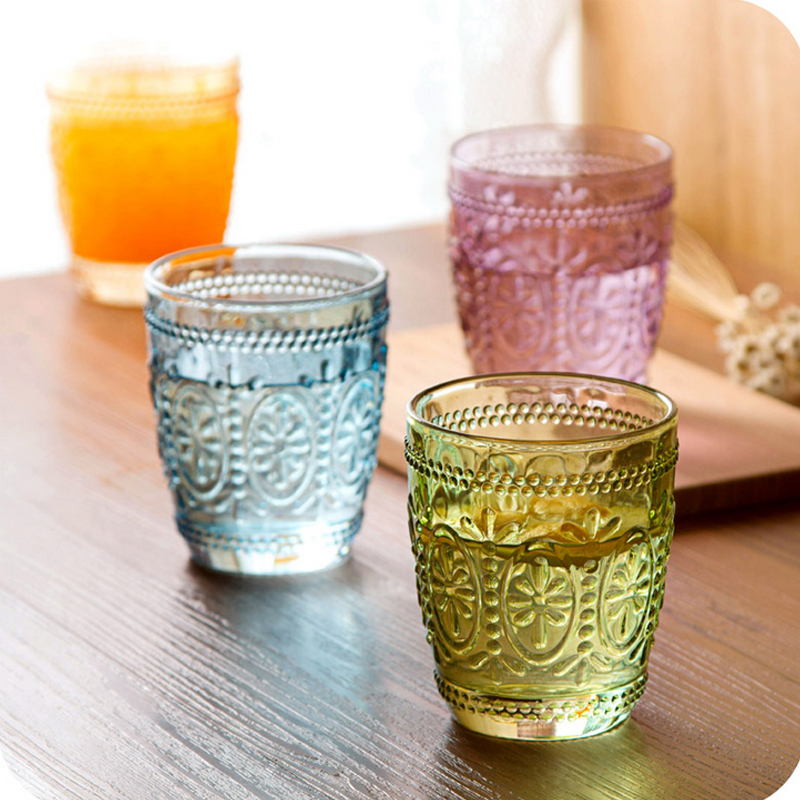 Coloured Glass Engraved Pattern Water Glasses, YL-BC0003 Vintage Style Creative Embossment Muti-colored Drinking Glasses
