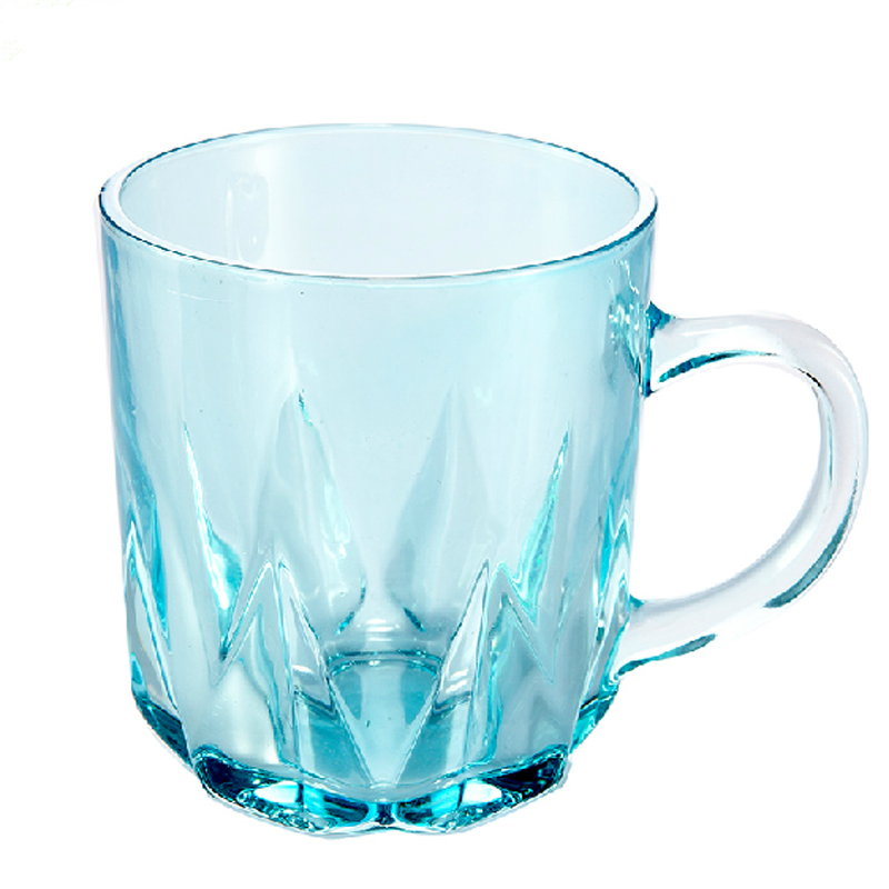 Multi color diamond cut drinking glass mugs, YL-D069A unique design clear glass cup with handle