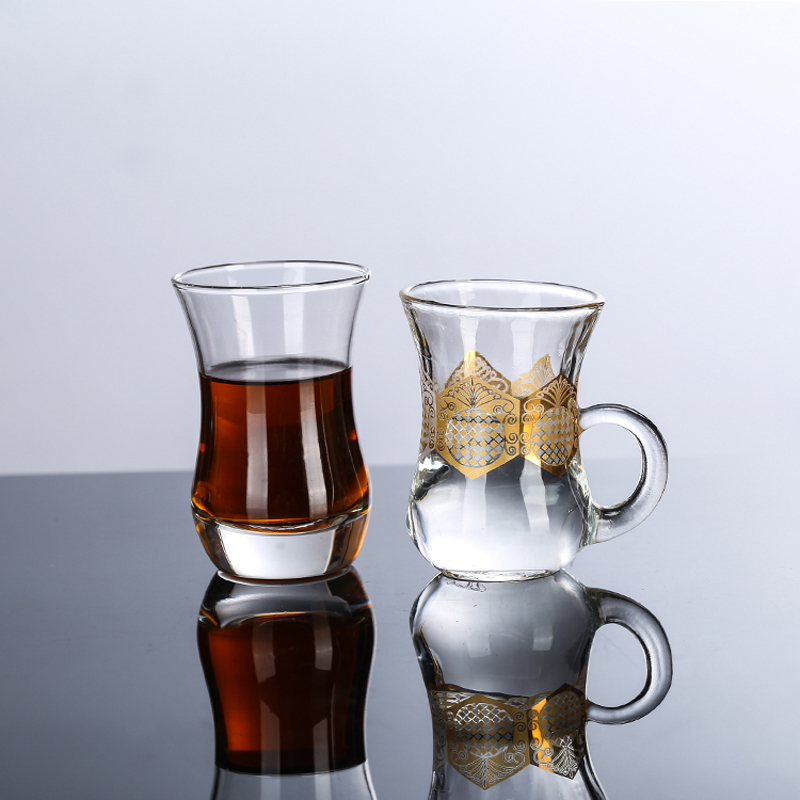 Delicate plating decal turkish tea glass with handle, elegant heat-resistant glass tea cup