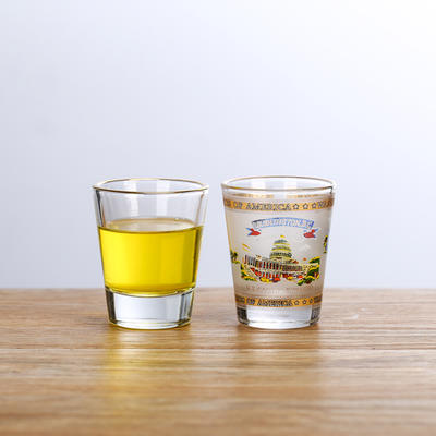 SG-030 clear spirit glass with customized printed logo, best quality 50ml shot glass with golden rim on sale