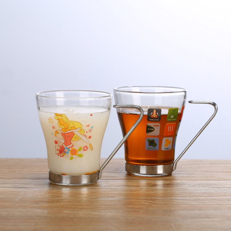 Wholesale High Borosilicate 230ml heat-resistant glass cup with metal handle, tea coffee cup with Stainless steel handle