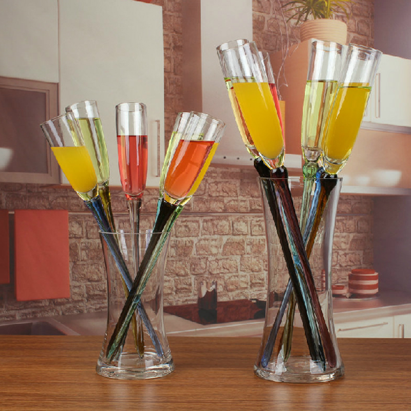 Beach Champagne Flutes Glass Set Colorful Goblet Cup for Wedding KTV Party Bar Champagne Cocktail Wine Glasses Set (6 cups+1 Holder)